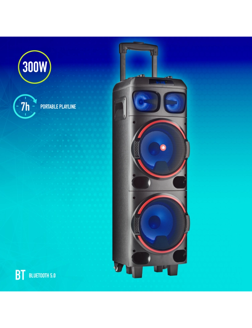 imagem de NGS WILD DUB 1: 300W 2x8” woofer altifalante portátil  compatível com a tecnologia Bluetooth e TWS, USB/ MicroSD/ 7hrs autonomia. luzes RGB. Rodas.2