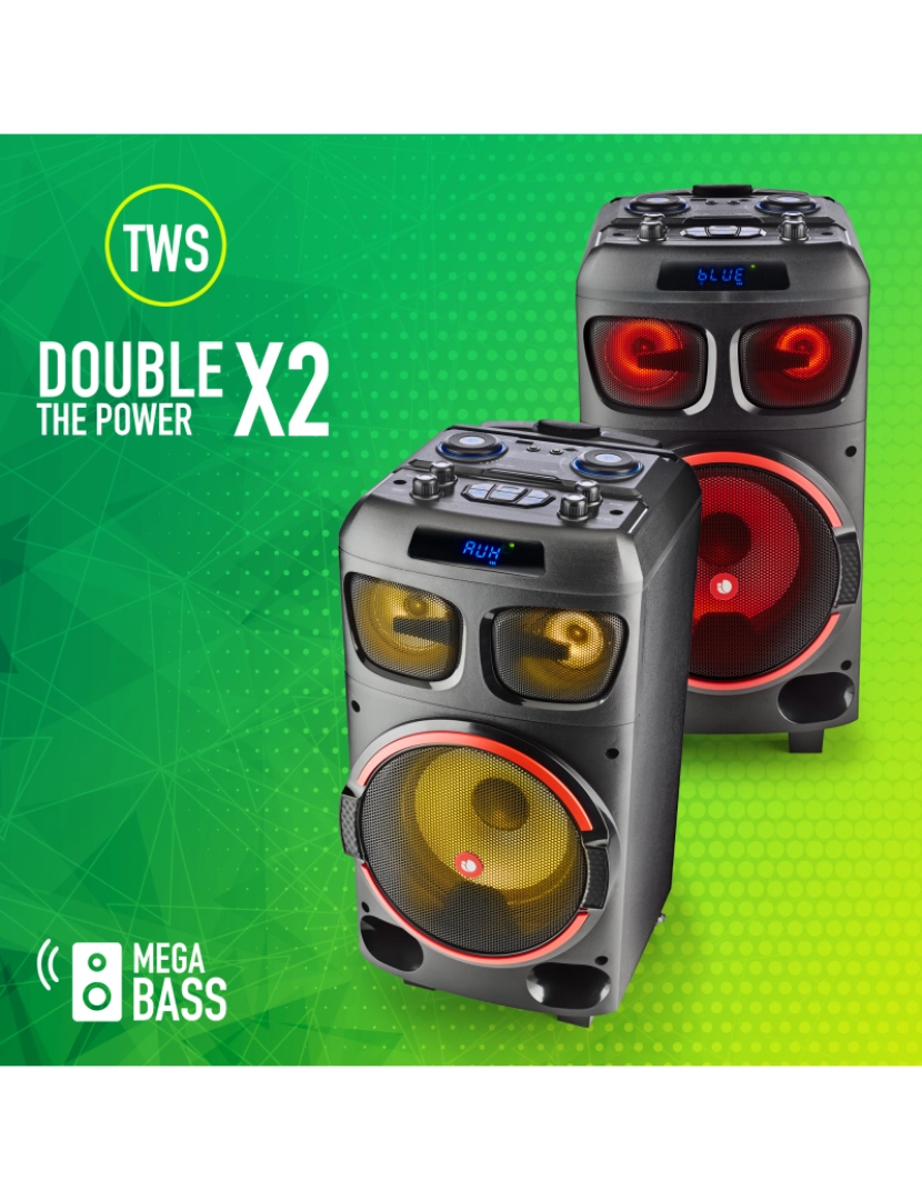 imagem de NGS Wild Dub Zero coluna portátil 120W 8" WOOFER compatível com tecnologia Bluetooth e TWS -USB/SD/BT. 7h BATERIA. Luzes LED, rodas, pega telescópica.4