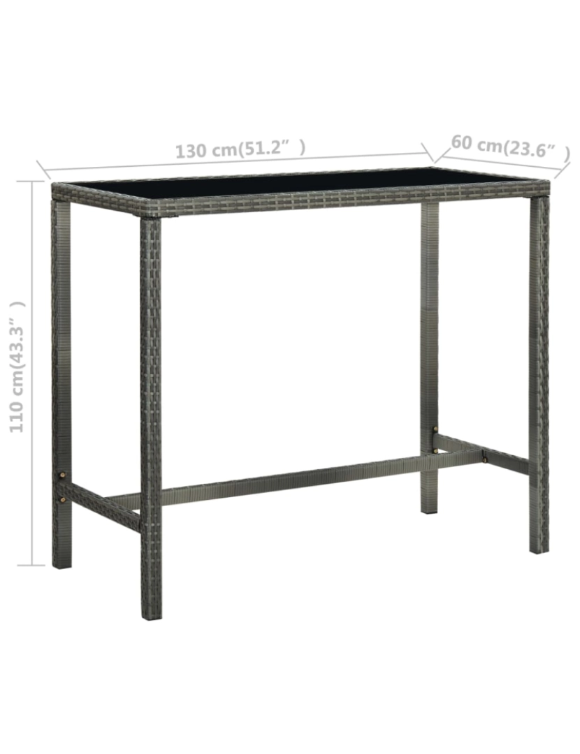 imagem de vidaXL Mesa de bar para jardim 130x60x110 cm vidro e vime PE cinzento7