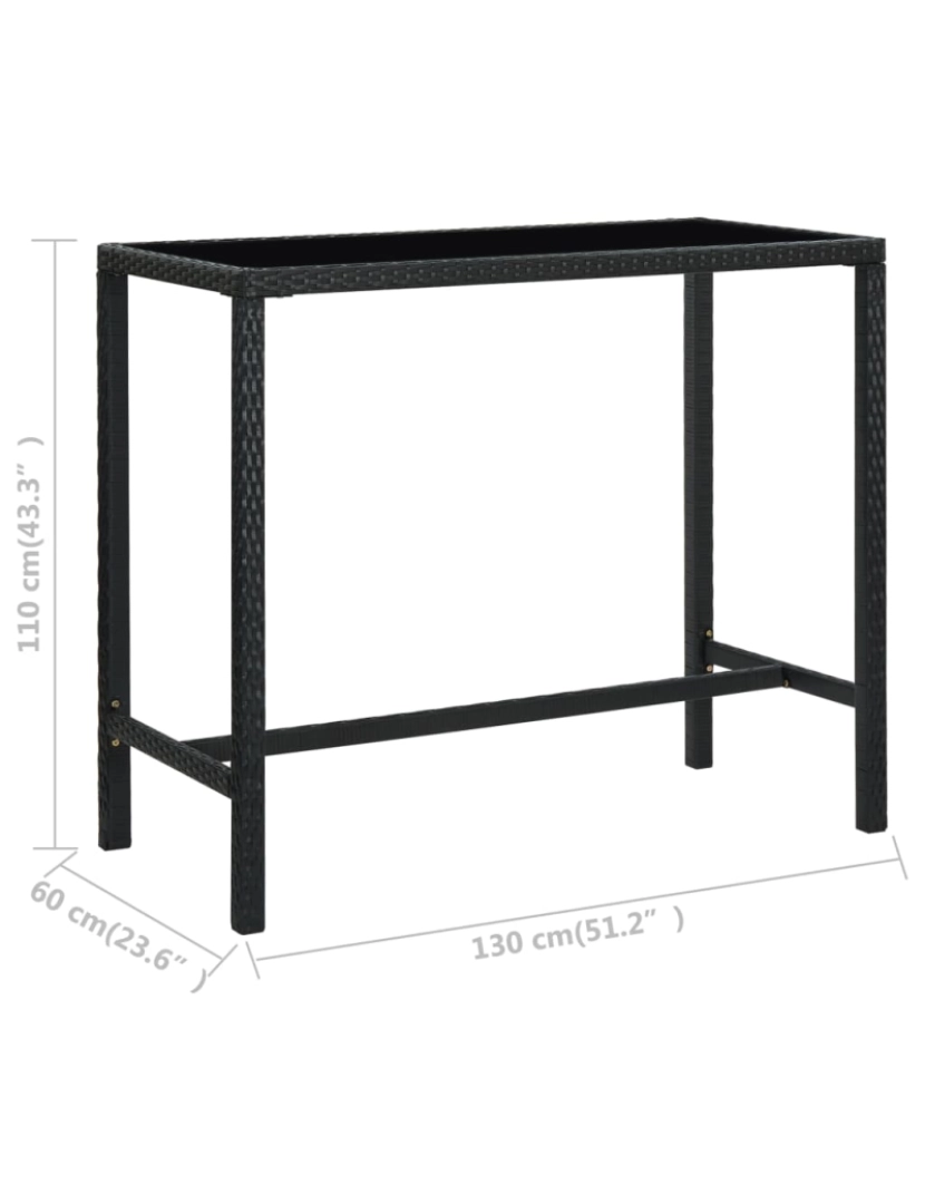 imagem de vidaXL Mesa de bar para jardim 130x60x110 cm vidro e vime PE preto7