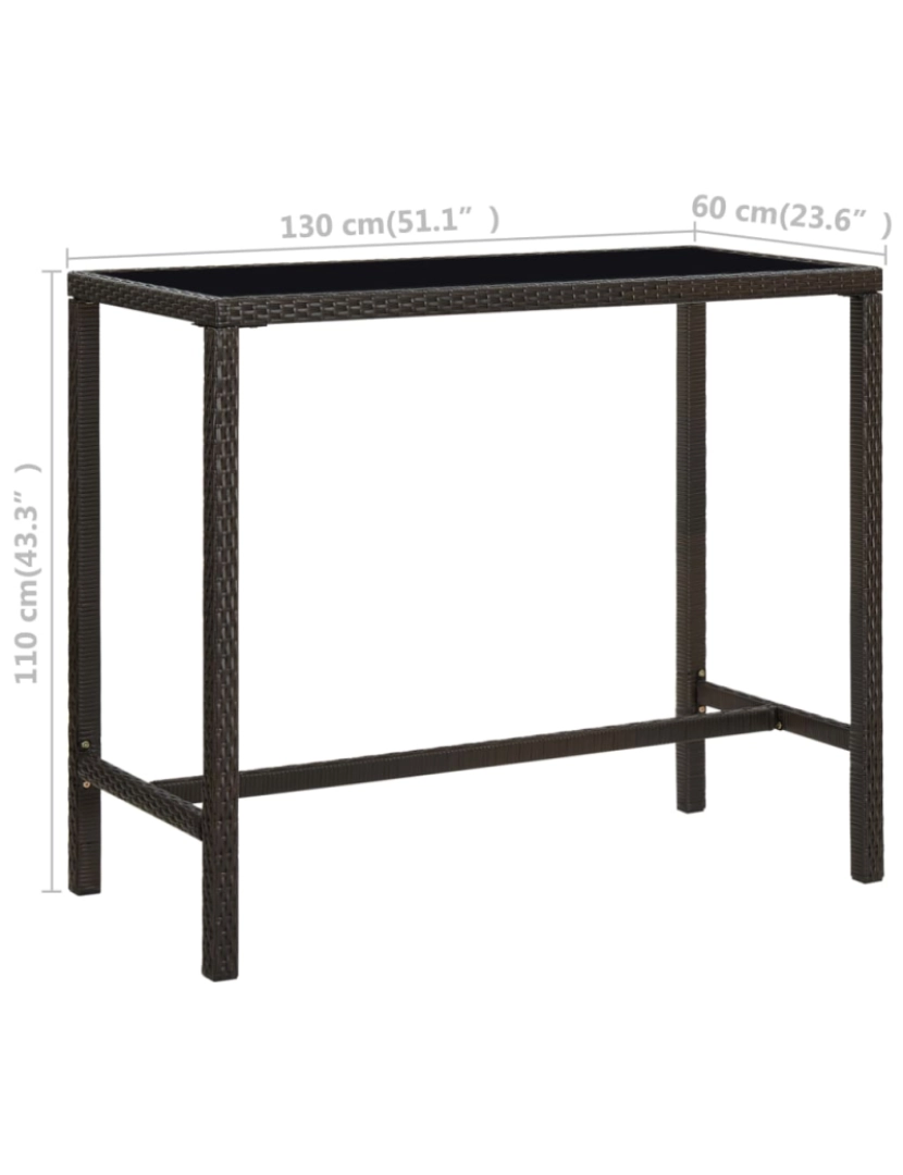 imagem de vidaXL Mesa de bar para jardim 130x60x110 cm vidro e vime PE castanho7