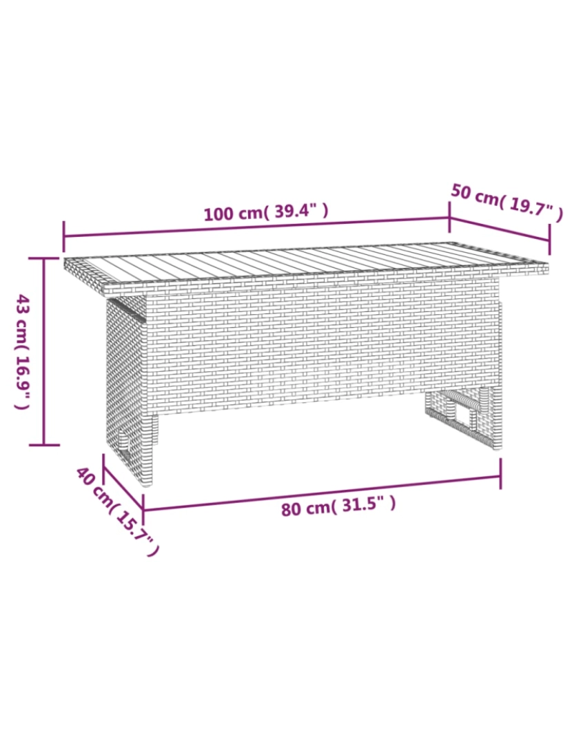 imagem de vidaXL Mesa de jardim 100x50x43/63 cm acácia maciça/vime PE preto8