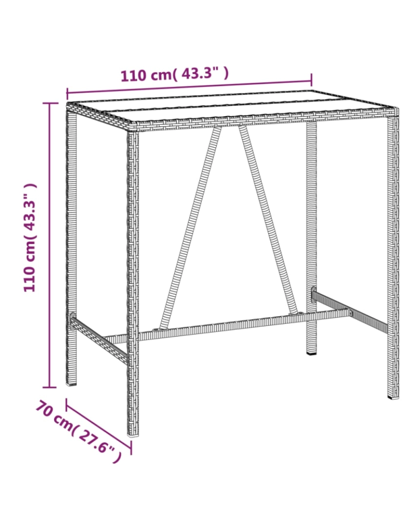 imagem de vidaXL Mesa de bar com tampo de vidro 110x70x110 cm vime PE cinzento7