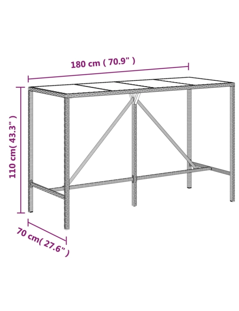 imagem de vidaXL Mesa de bar com tampo de vidro 180x70x110 cm vime PE preto7