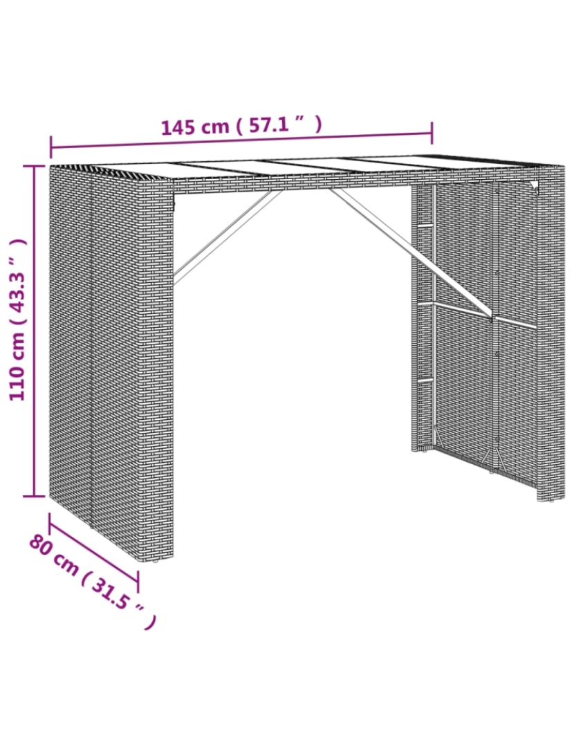 imagem de vidaXL Mesa de bar com tampo de vidro 145x80x110 cm vime PE castanho7