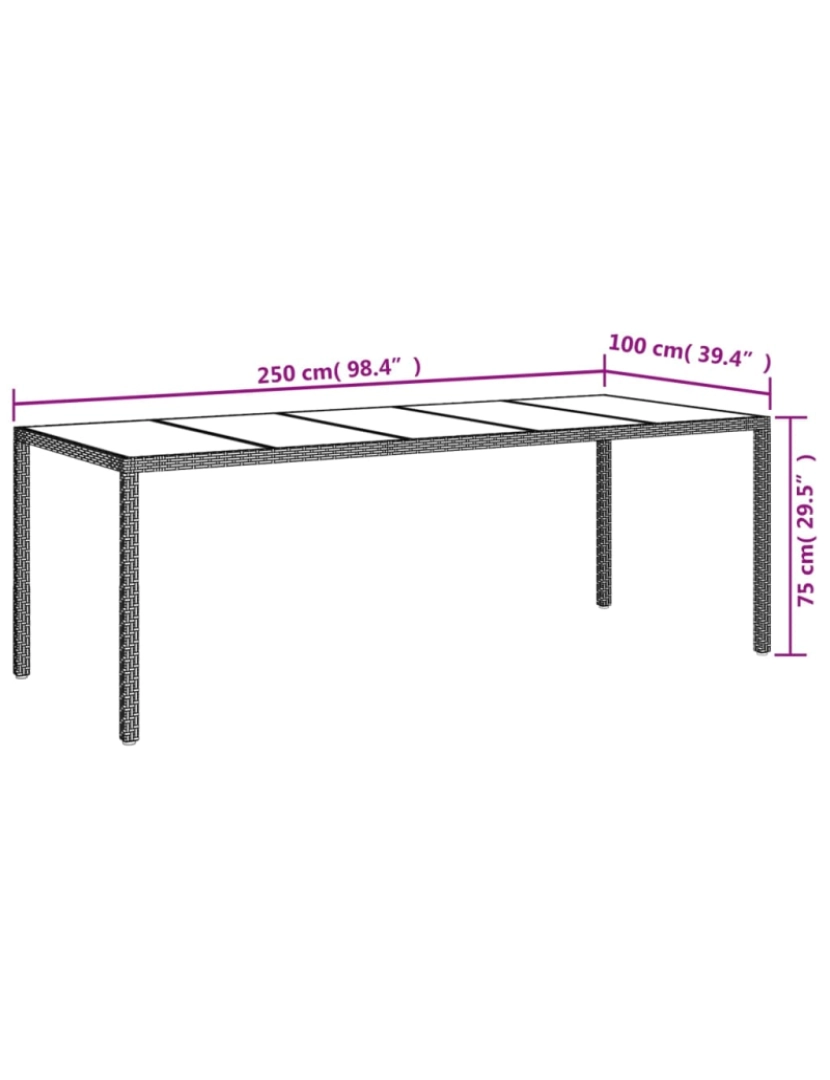 imagem de vidaXL Mesa de jardim 250x100x75 cm vime PE/vidro temperado branco7