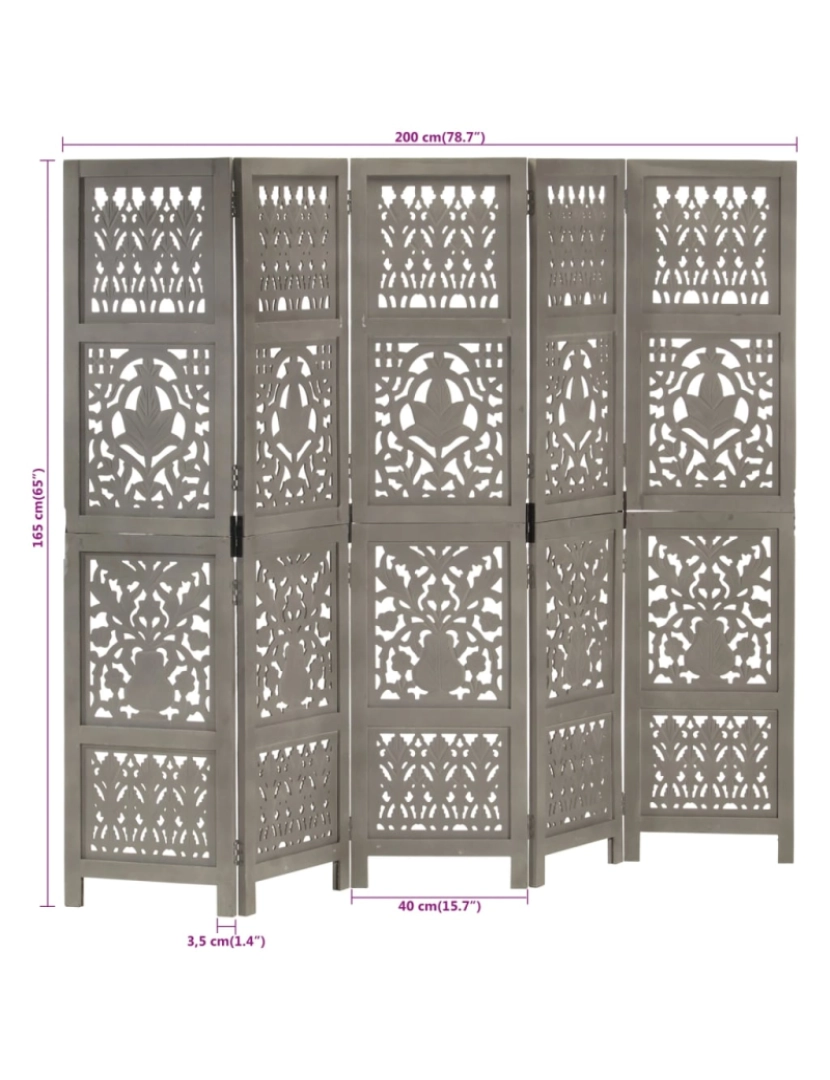 imagem de vidaXL Biombo esculp mão 5 painéis 200x165cm mangueira maciça cinzento7