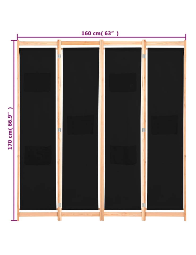 imagem de vidaXL Divisória de quarto com 4 painéis 160x170x4 cm tecido preto9