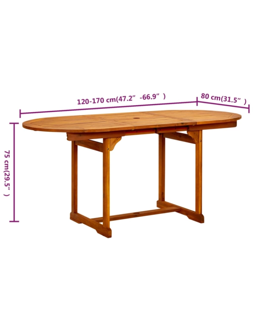 imagem de vidaXL Mesa de jantar p/ jardim (120-170)x80x75 cm acácia maciça9