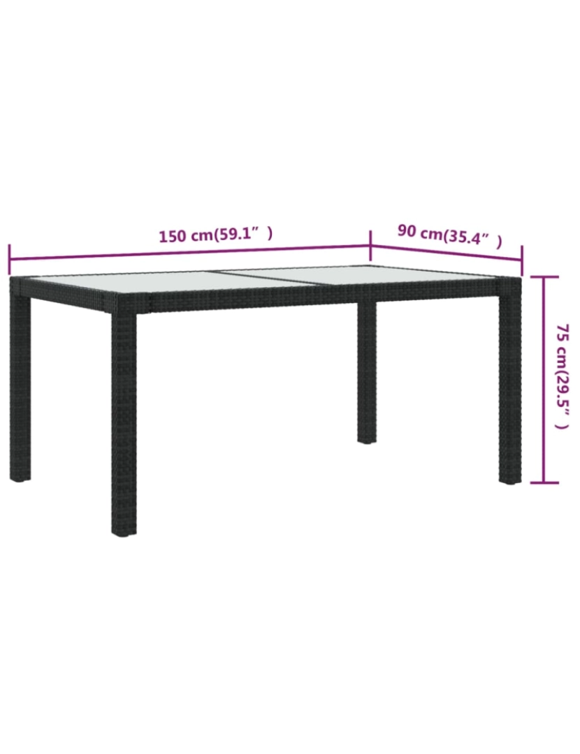 imagem de vidaXL Mesa de jardim 150x90x75 cm vidro temperado e vime PE preto6