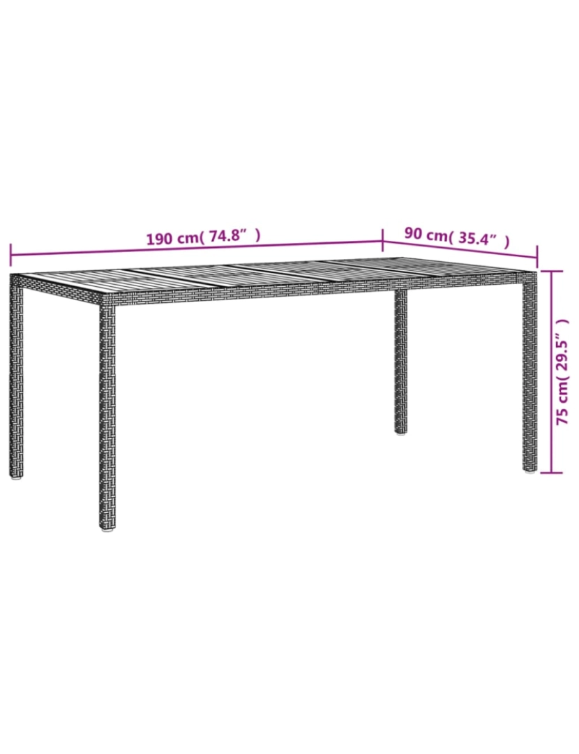 imagem de vidaXL Mesa de jardim 190x90x75 cm vime PE e acácia maciça preto7