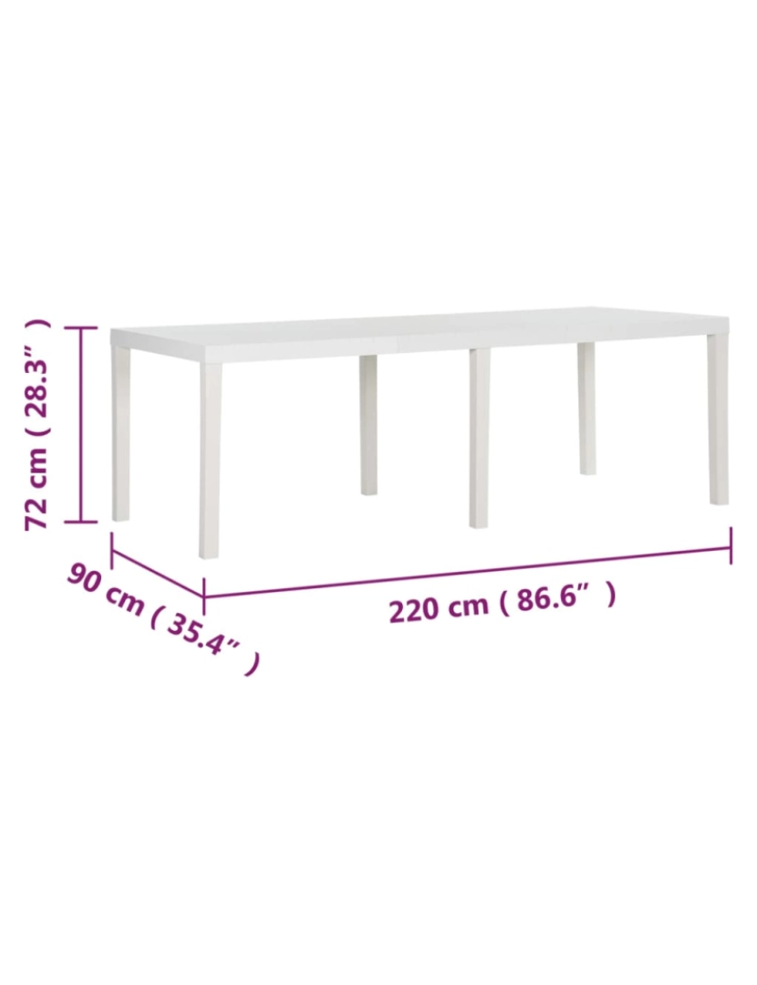 imagem de vidaXL Mesa de jardim 220x90x72 cm PP branco9