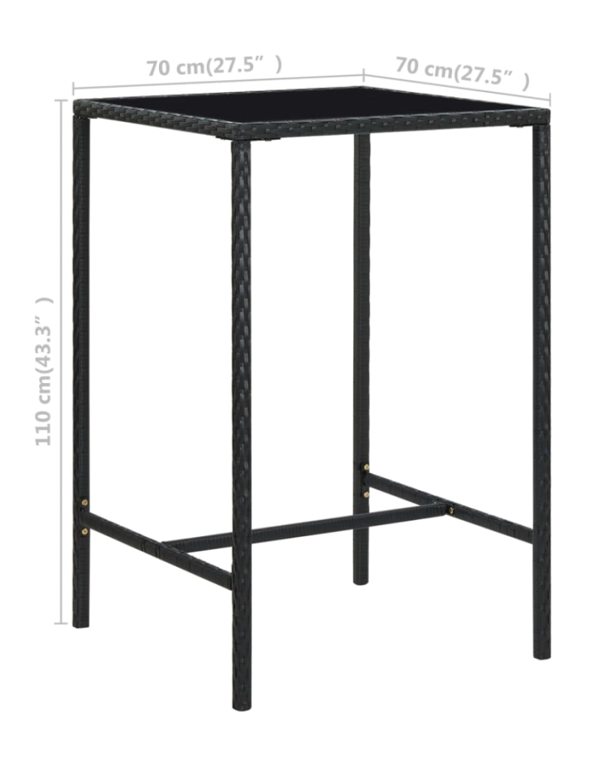 imagem de vidaXL Mesa de bar para jardim 70x70x110 cm vidro e vime PE preto7