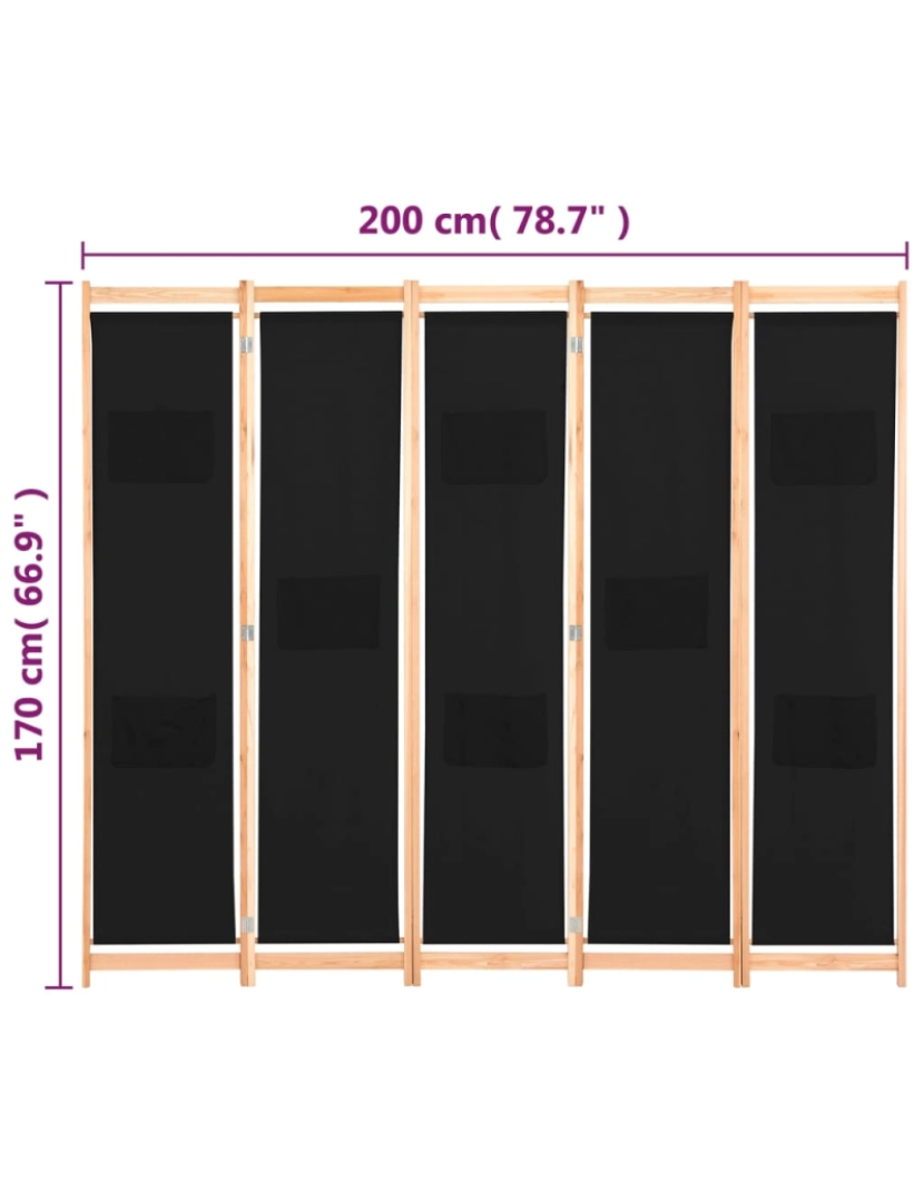 imagem de vidaXL Divisória de quarto com 5 painéis 200x170x4 cm tecido preto9