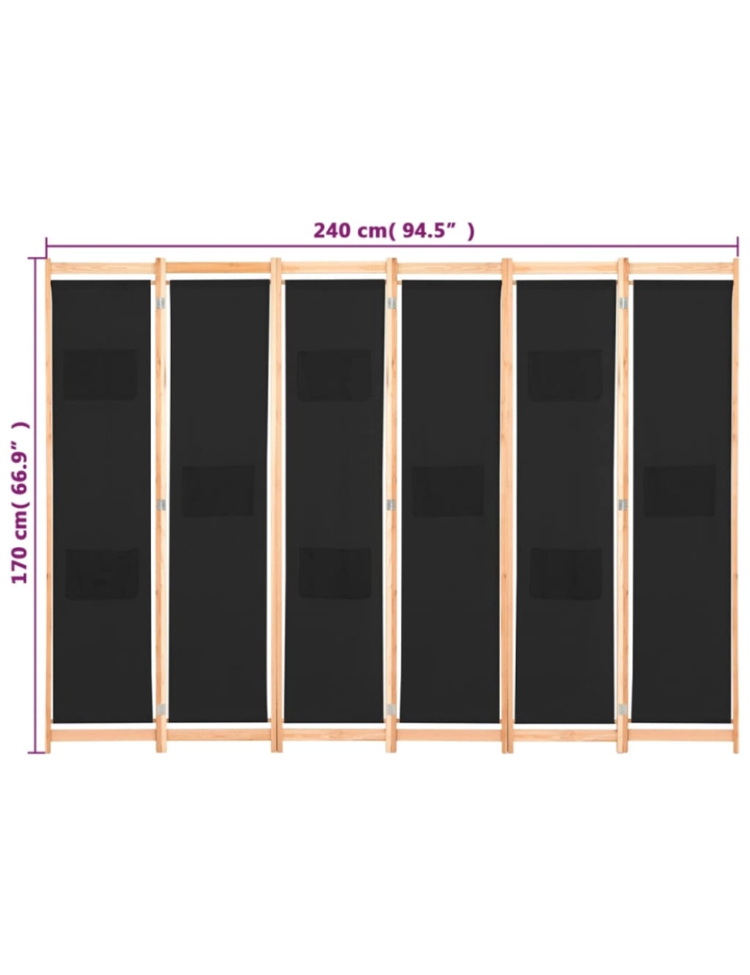 imagem de vidaXL Divisória de quarto com 6 painéis 240x170x4 cm tecido preto9