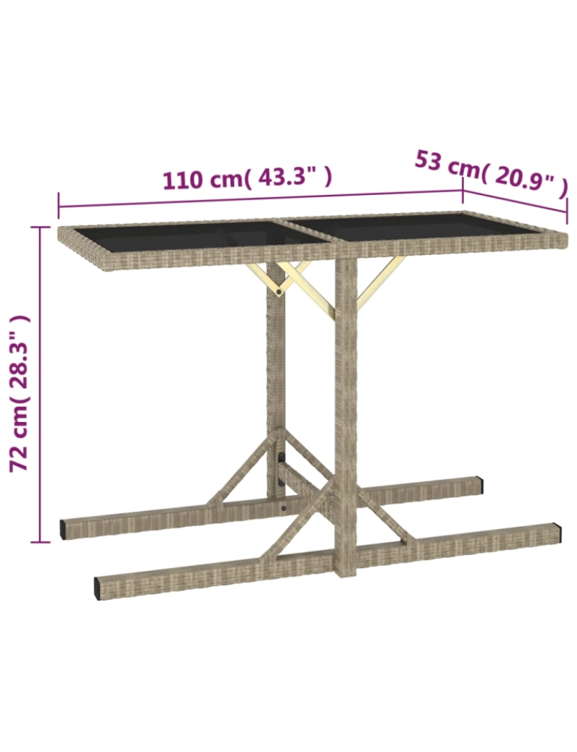 imagem de vidaXL Mesa de jardim 110x53x72 cm vidro e vime PE bege6