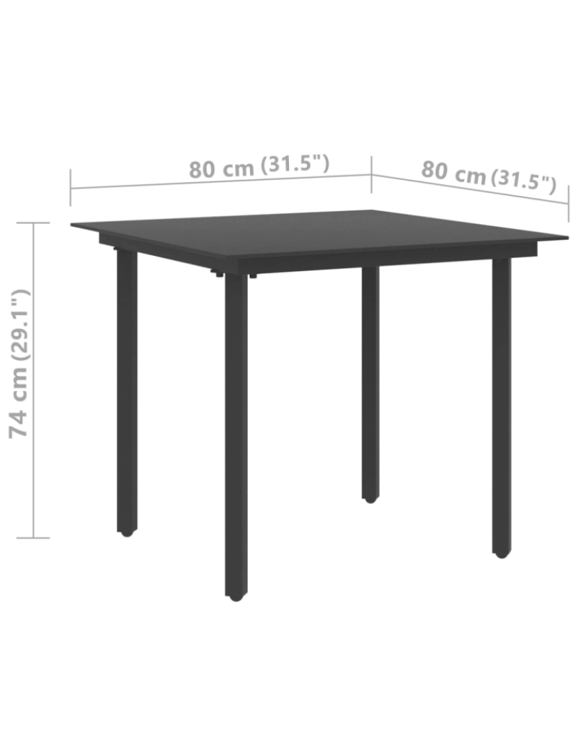 imagem de vidaXL Mesa de jantar para jardim 80x80x74 cm aço e vidro preto5