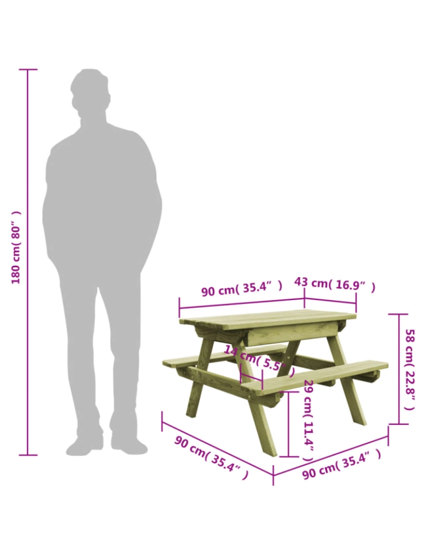 imagem de vidaXL Mesa com bancos p/ piqueniques 90x90x58 cm pinho impregnado8