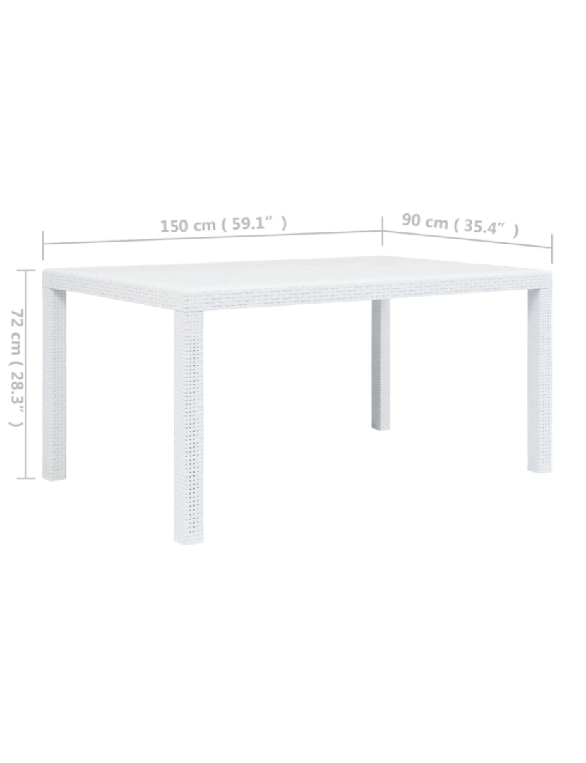 imagem de vidaXL Mesa de jardim 150x90x72 cm plástico branco com aspeto de vime6