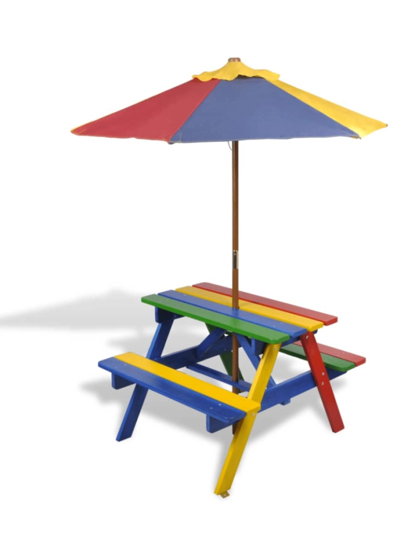 imagem de vidaXL Mesa piquenique infantil + bancos/guarda-sol madeira multicor2