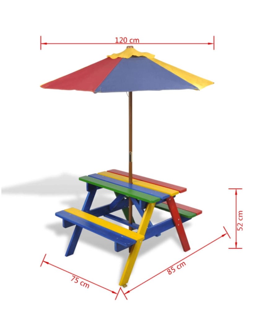 imagem de vidaXL Mesa piquenique infantil + bancos/guarda-sol madeira multicor8