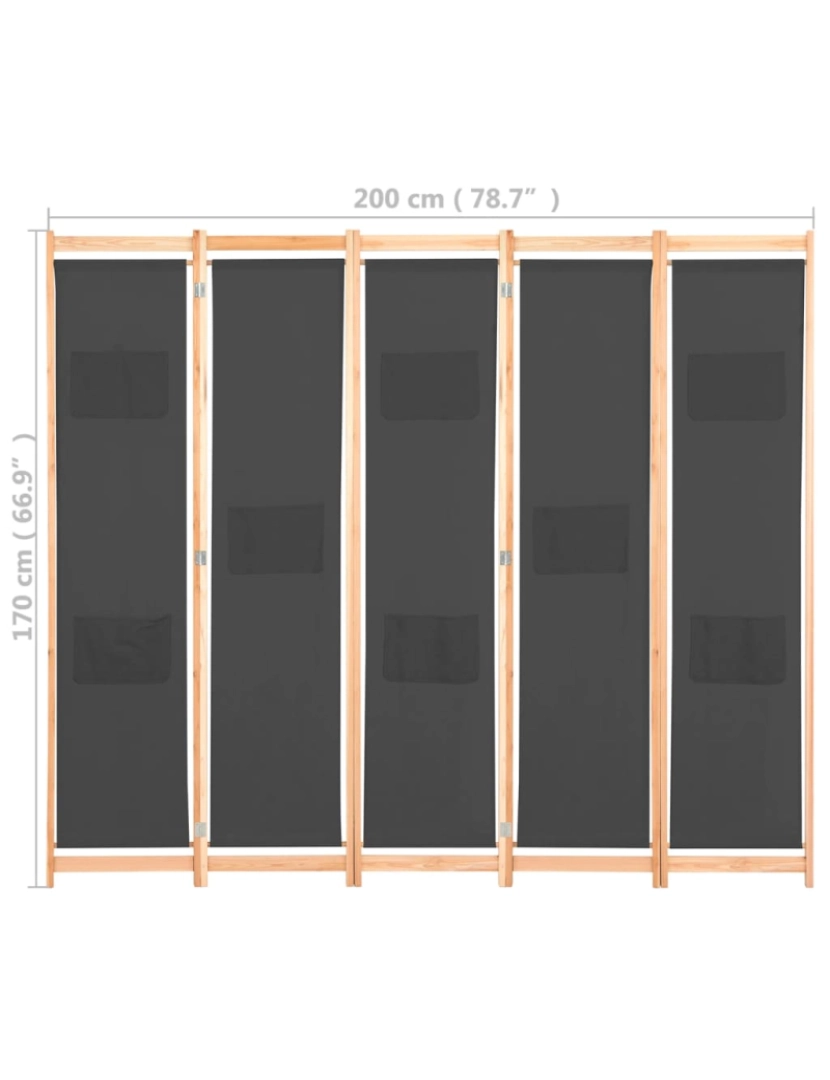 imagem de vidaXL Divisória de quarto com 5 painéis 200x170x4 cm tecido cinzento9