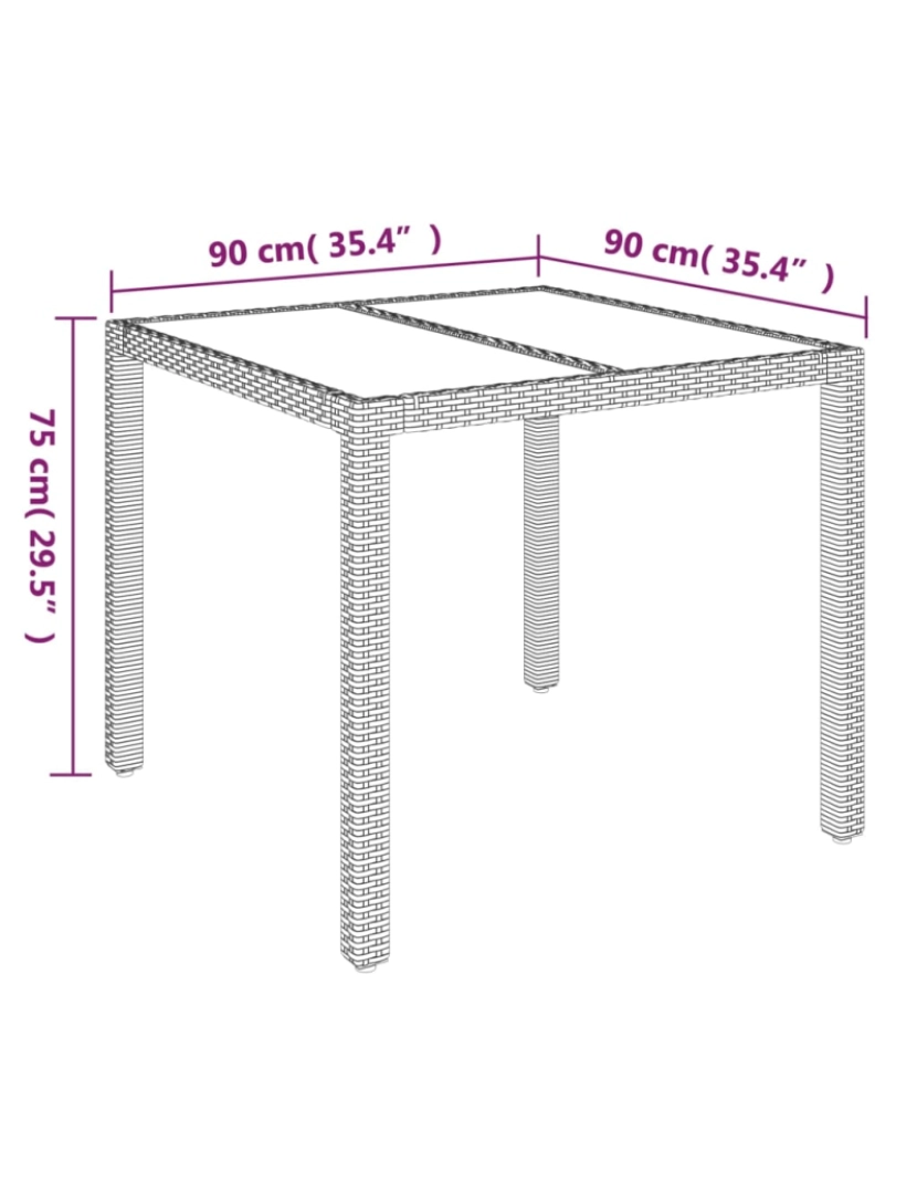 imagem de vidaXL Mesa de jardim com tampo de vidro 90x90x75 cm vime PE cinzento8