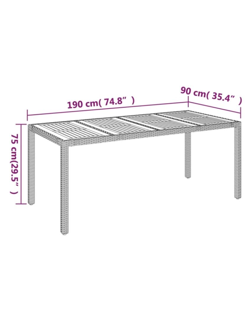 imagem de vidaXL Mesa de jardim com tampo de madeira 190x90x75 cm vime PE cinza8