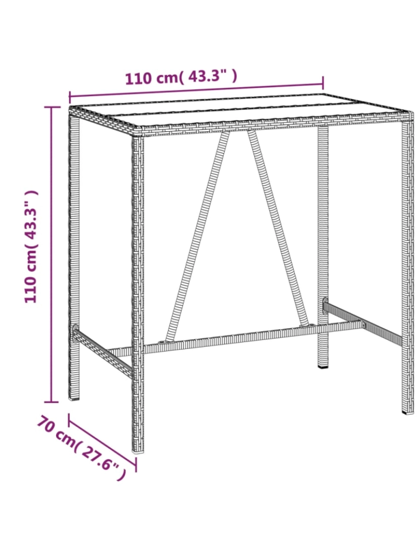 imagem de vidaXL Mesa de bar com tampo de vidro 110x70x110 cm vime PE castanho7