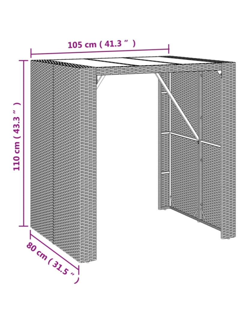 imagem de vidaXL Mesa de bar com tampo de vidro 105x80x110 cm vime PE castanho7