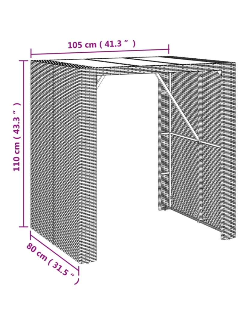 imagem de vidaXL Mesa de bar com tampo de vidro 105x80x110 cm vime PE preto7