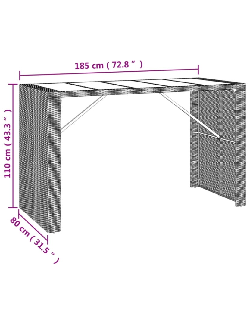 imagem de vidaXL Mesa de bar com tampo de vidro 185x80x110 cm vime PE castanho7