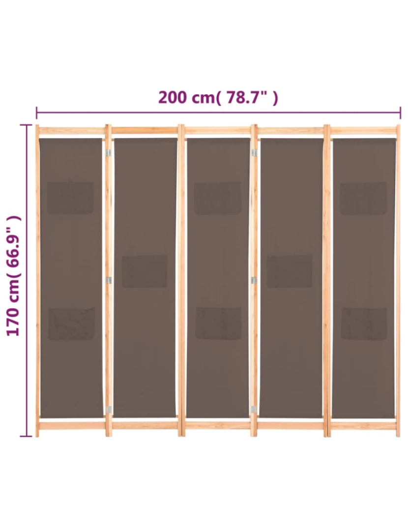 imagem de vidaXL Divisória de quarto com 5 painéis 200x170x4 cm tecido castanho9