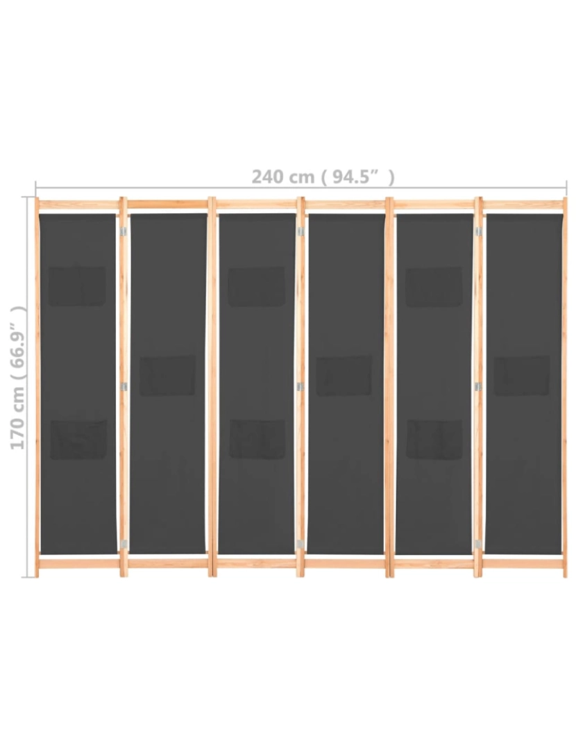 imagem de vidaXL Divisória de quarto com 6 painéis 240x170x4 cm tecido cinzento9