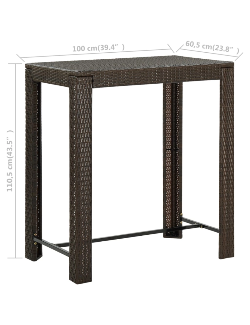 imagem de vidaXL Mesa de bar para jardim 100x60,5x110,5 cm vime PE castanho7