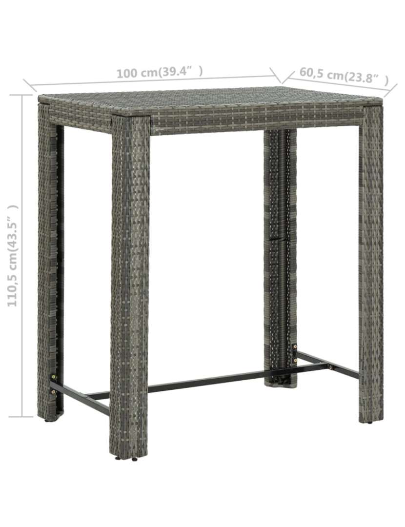 imagem de vidaXL Mesa de bar para jardim 100x60,5x110,5 cm vime PE cinzento7