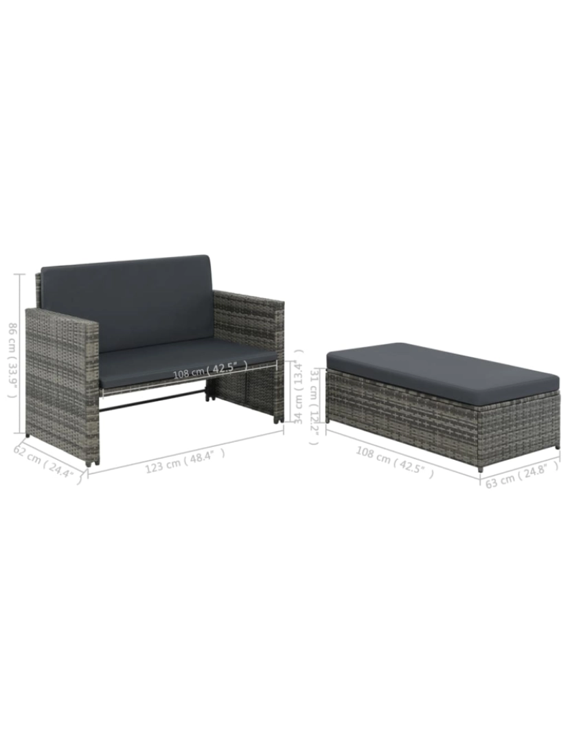 imagem de vidaXL 2 pcs conjunto lounge de jardim c/ almofadões vime PE cinzento10