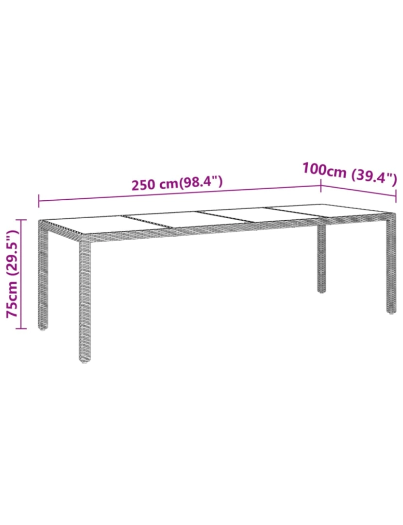 imagem de vidaXL Mesa de jardim 250x100x75 cm vidro temperado e vime PE preto6