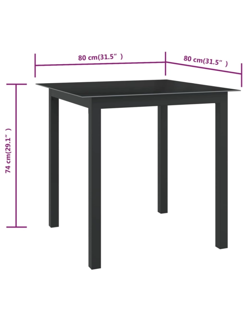 imagem de vidaXL Mesa de jardim em alumínio e vidro 80x80x74 cm preto6