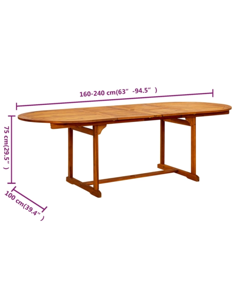 imagem de vidaXL Mesa de jantar p/ jardim (160-240)x100x75 cm acácia maciça10