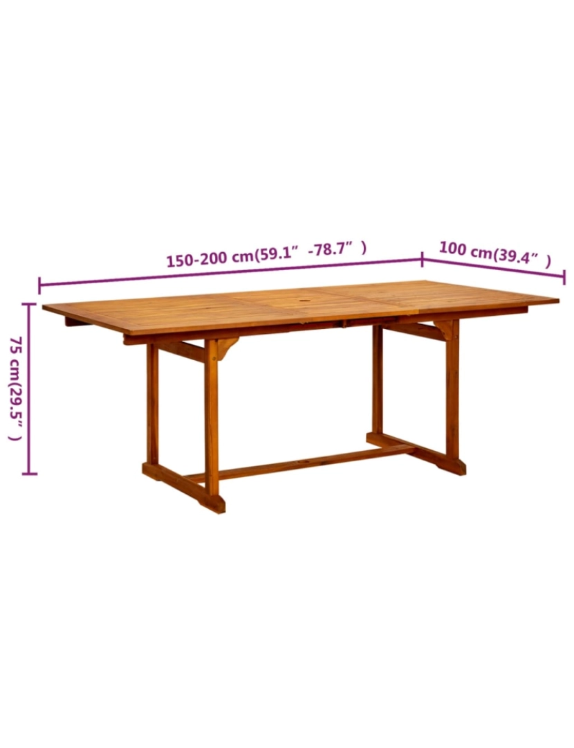 imagem de vidaXL Mesa de jantar p/ jardim (150-200)x100x75 cm acácia maciça9