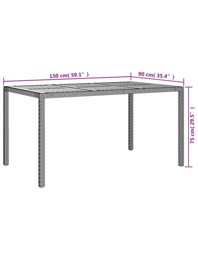 imagem de vidaXL Mesa de jardim 150x90x75 cm vime PE e madeira acácia preto7