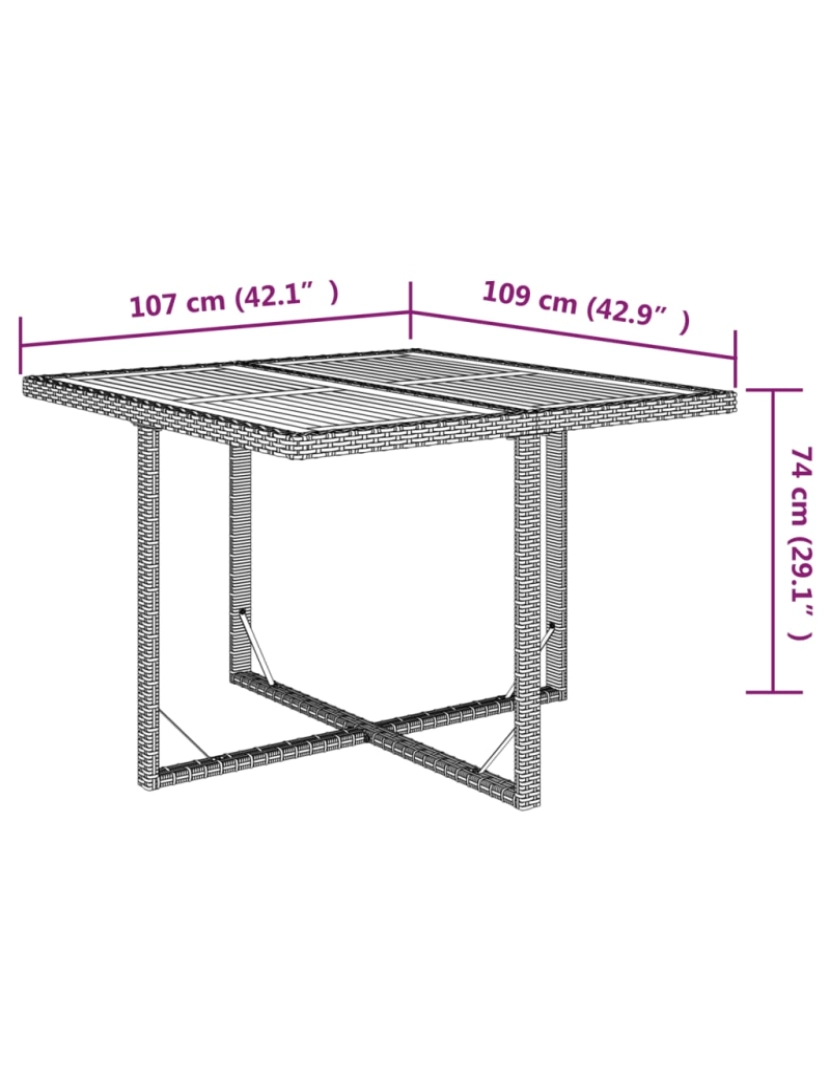 imagem de vidaXL Mesa de jardim 109x107x74 cm vime PE e acácia maciça bege9