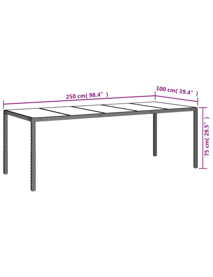 imagem de vidaXL Mesa de jardim 250x100x75 cm vidro temperado e vime PE cinzento7