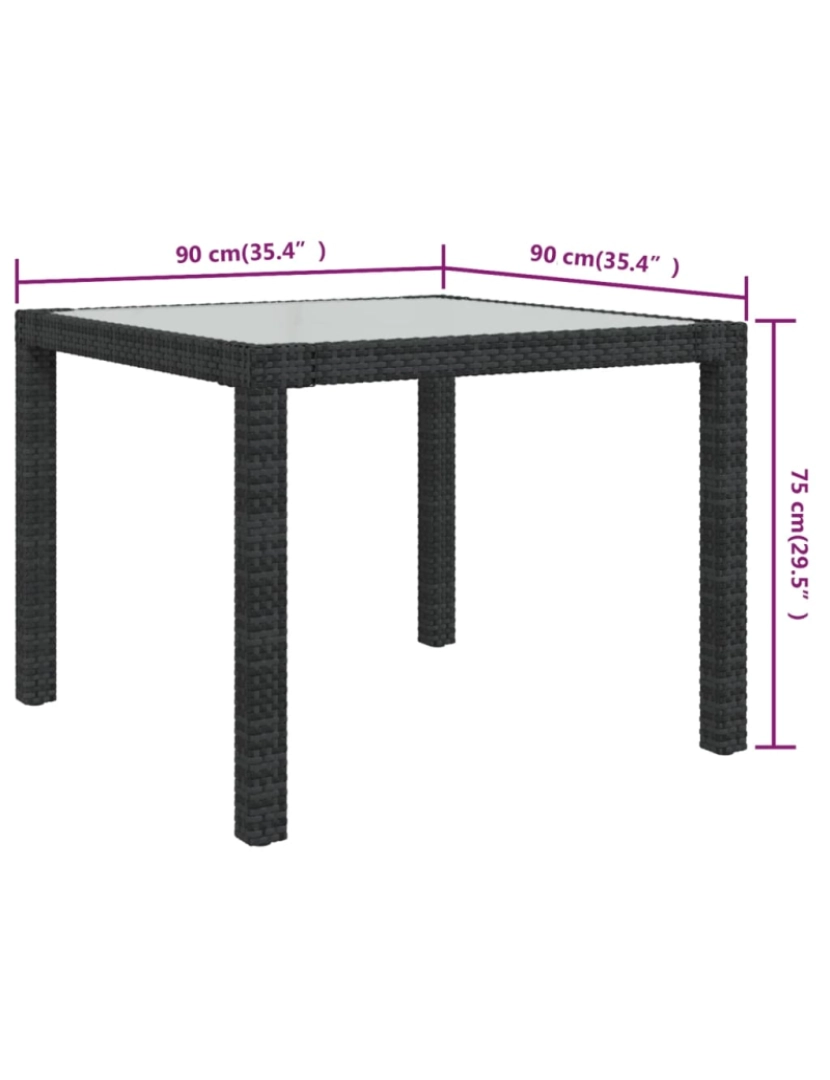 imagem de vidaXL Mesa de jardim 90x90x75 cm vidro temperado e vime PE preto6