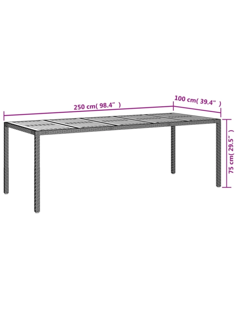 imagem de vidaXL Mesa de jardim 250x100x75 cm vime PE cinza7