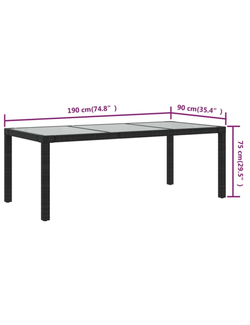 imagem de vidaXL Mesa de jardim 190x90x75 cm vidro temperado e vime PE preto6