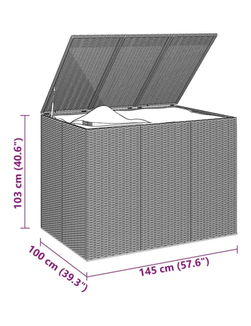 imagem de vidaXL Caixa para almofadões de jardim 145x100x103 cm vime PE cinzento6