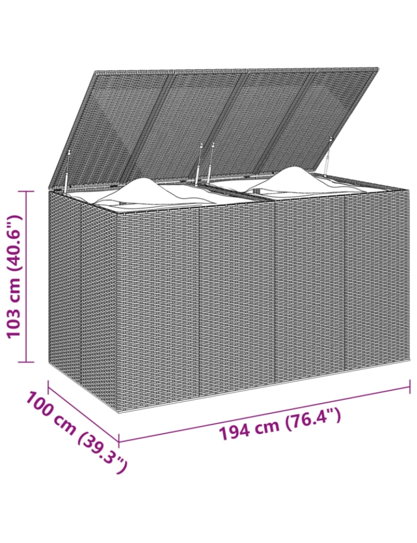 imagem de vidaXL Caixa para almofadões de jardim 194x100x103 cm vime PE cinzento6