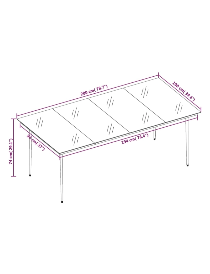 imagem de vidaXL Mesa de jantar para jardim 200x100x74 cm aço e vidro preto7